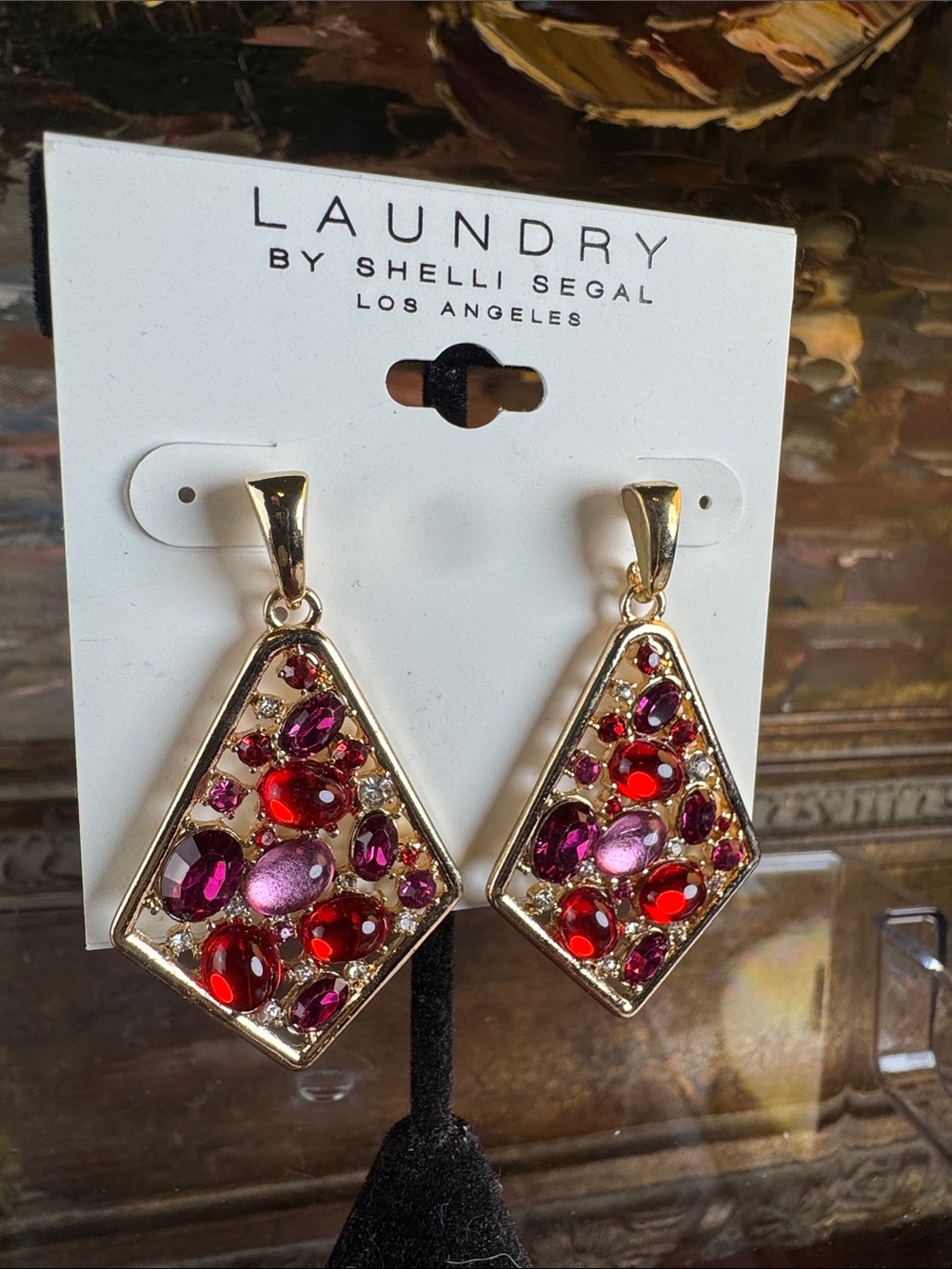 0739Laundry By Shelli Segal Gold-Tone Drop Earrings with Red and Magenta Crystal
